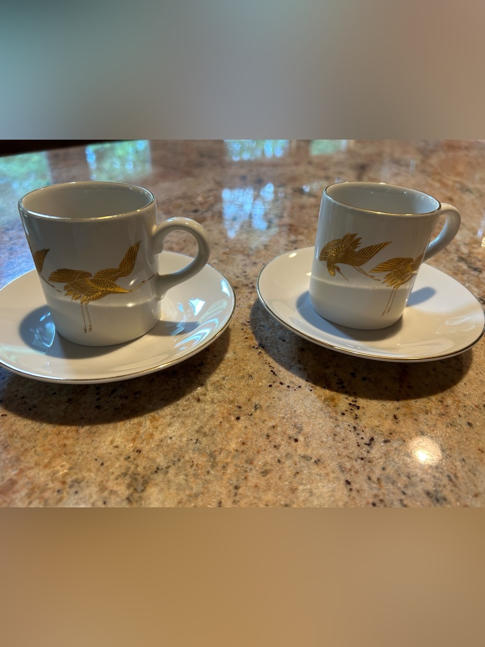 Porcelain Espresso Demitasse Cup Saucer Set 22K Gold Flying Cranes Otagiri Japan